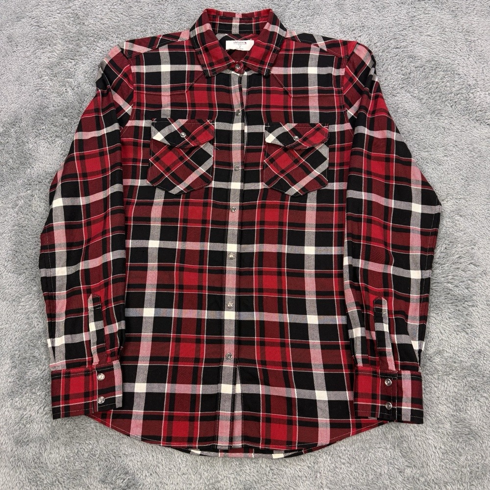 Untuckit Pearl Snap Flannel Shirt Women 2 Red Plaid Dual Pocket L/S Snap Front